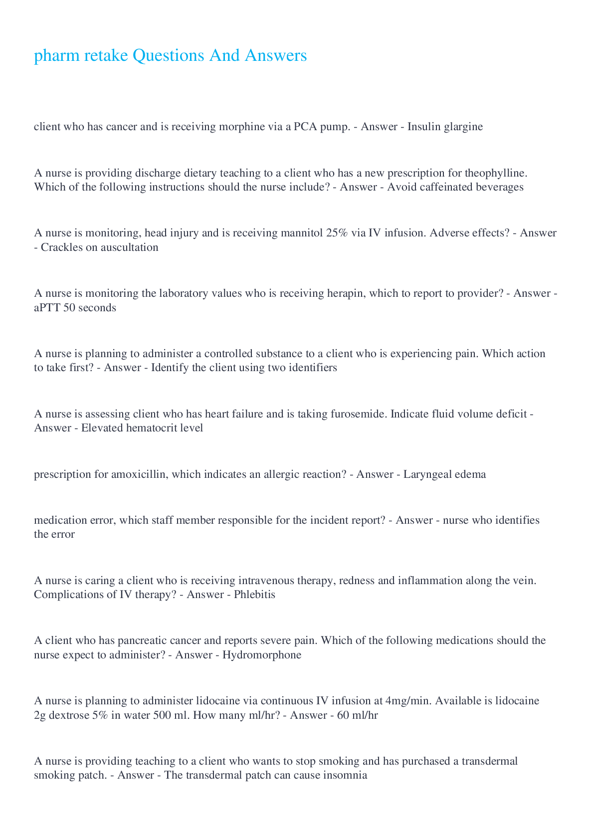 Preview image for pharm retake Questions And Answers 2022/2023